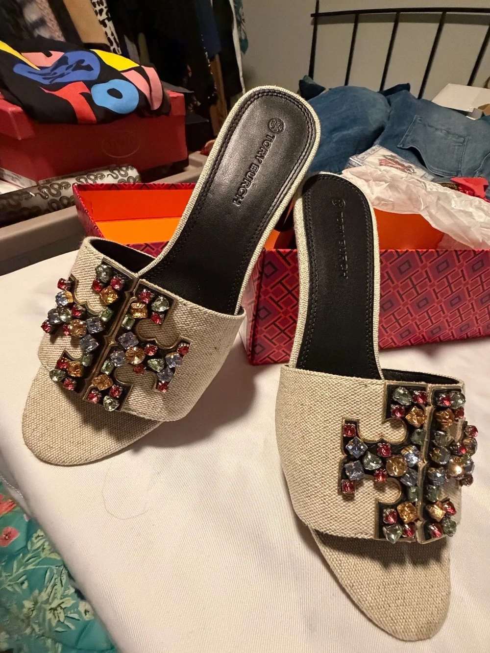 TORY BURCH INES EMBELLISHED LINEN & LEATHER MULES size 8